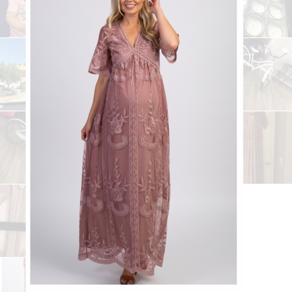 Dark Mauve Lace Mesh Overlay Maternity Maxi Dress